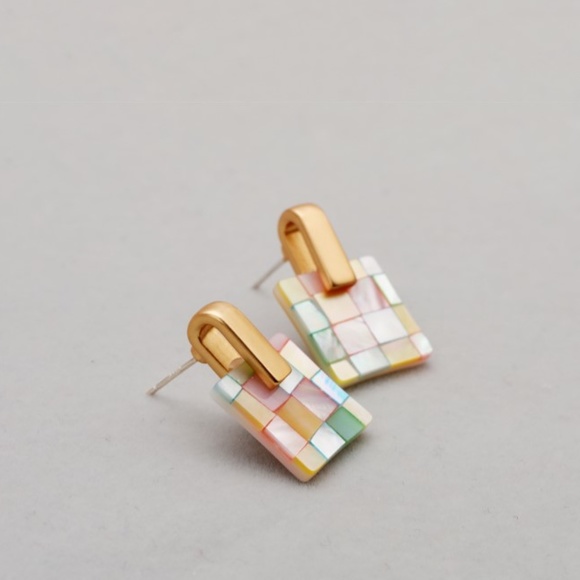 Handmade Mother of Pearl Earrings Geometric Quilted Pattern Earrings - Picture 7 of 8